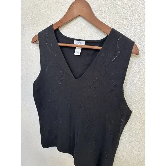 Ann Taylor black knit tank top sequin sparkle womens L holiday classic stretch - Picture 2 of 4